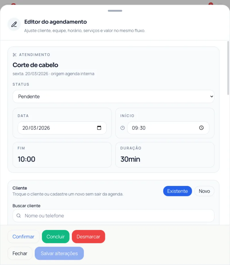 Editor de agendamento do Opero mostrando serviço, data, horário, barbeiro e status do atendimento