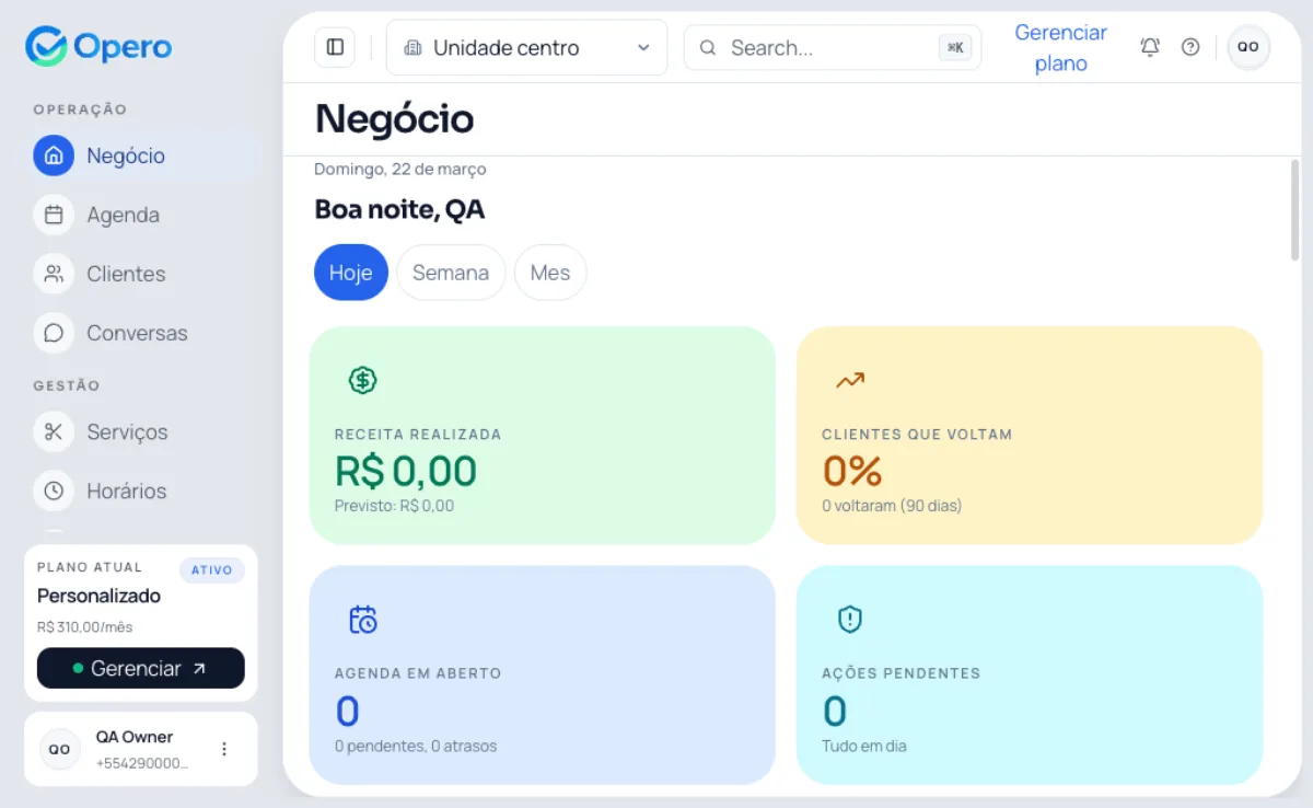 Dashboard do Opero mostrando receita, agendamentos e producao por barbeiro
