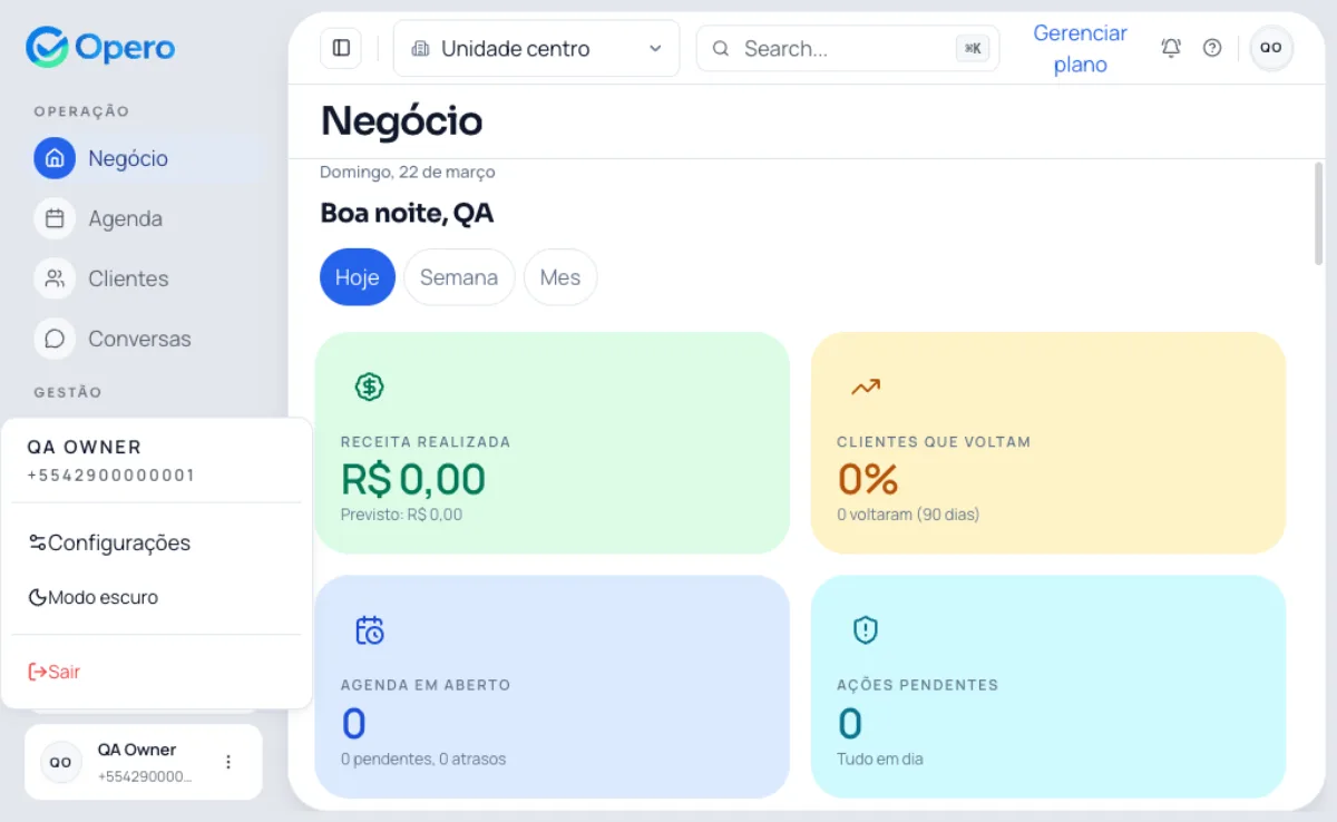 Painel financeiro do Opero mostrando receita, faturamento e indicadores por periodo