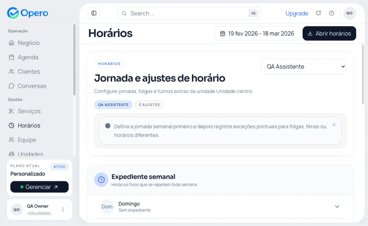 Calendario de horarios disponiveis sincronizado em tempo real com o bot WhatsApp