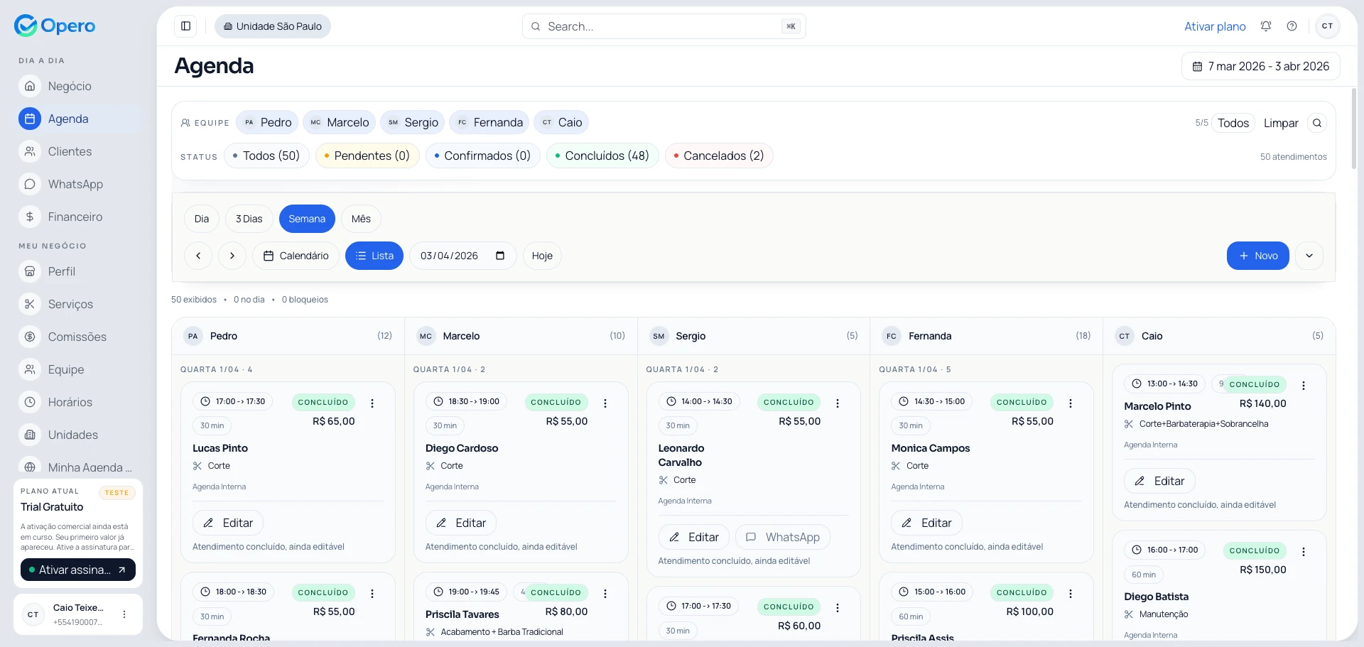 Tela de criação de agendamento no Opero com inteligência artificial para barbearia