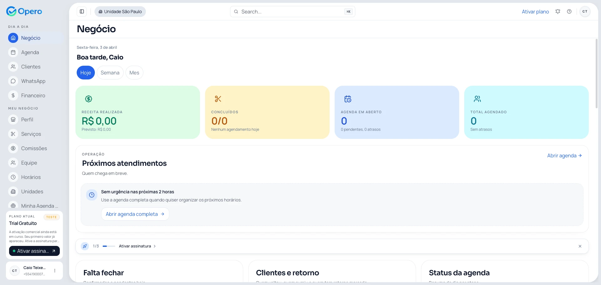 Painel Opero — dashboard com visão geral de agendamentos e faturamento da barbearia