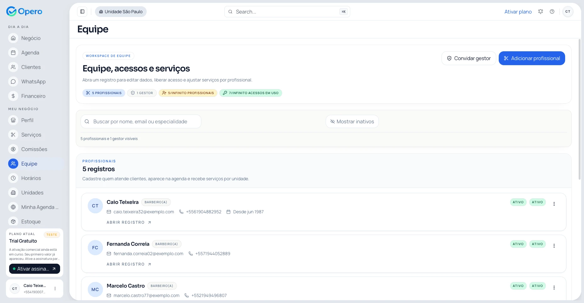 Painel Opero — gestão de equipe com comissões por barbeiro