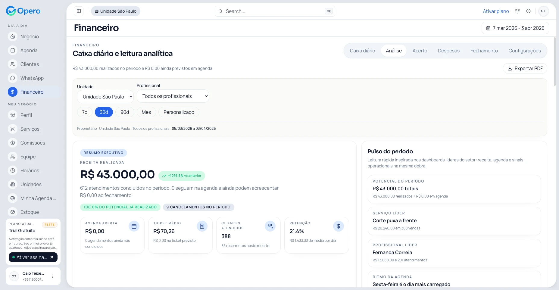 Painel Opero — financeiro adaptado ao mercado brasileiro com Pix e comissões