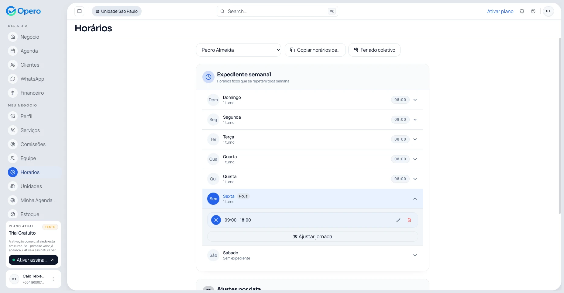 Tela de configurações do Opero para script de atendimento WhatsApp na barbearia