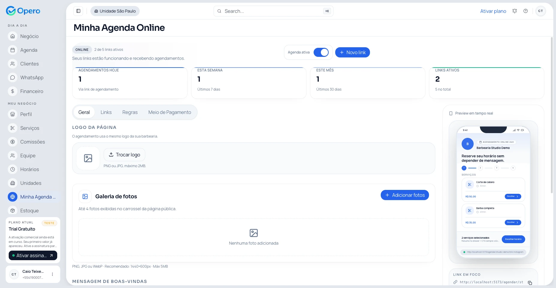 Painel Opero — agenda online do barbeiro com visão de agendamentos