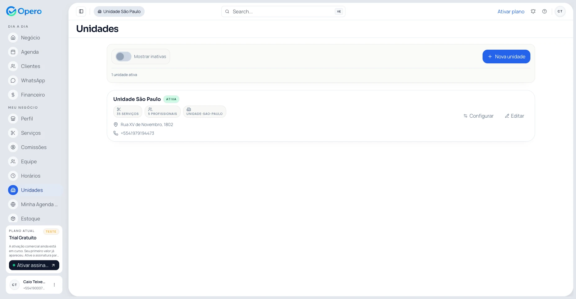 Painel Opero com gestão centralizada para barbearia com múltiplas unidades