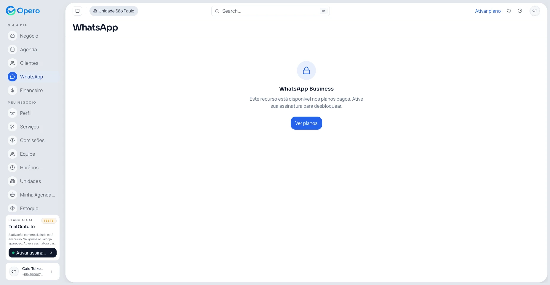 Tela do Opero com lembrete automático pelo WhatsApp para cliente de barbearia